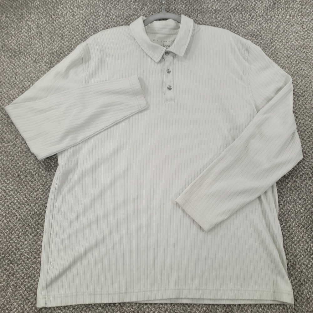 Via Europa Mens Ribbed Long Sleeve Polo Shirt XL Light Gray Cotton Blend Casual‎